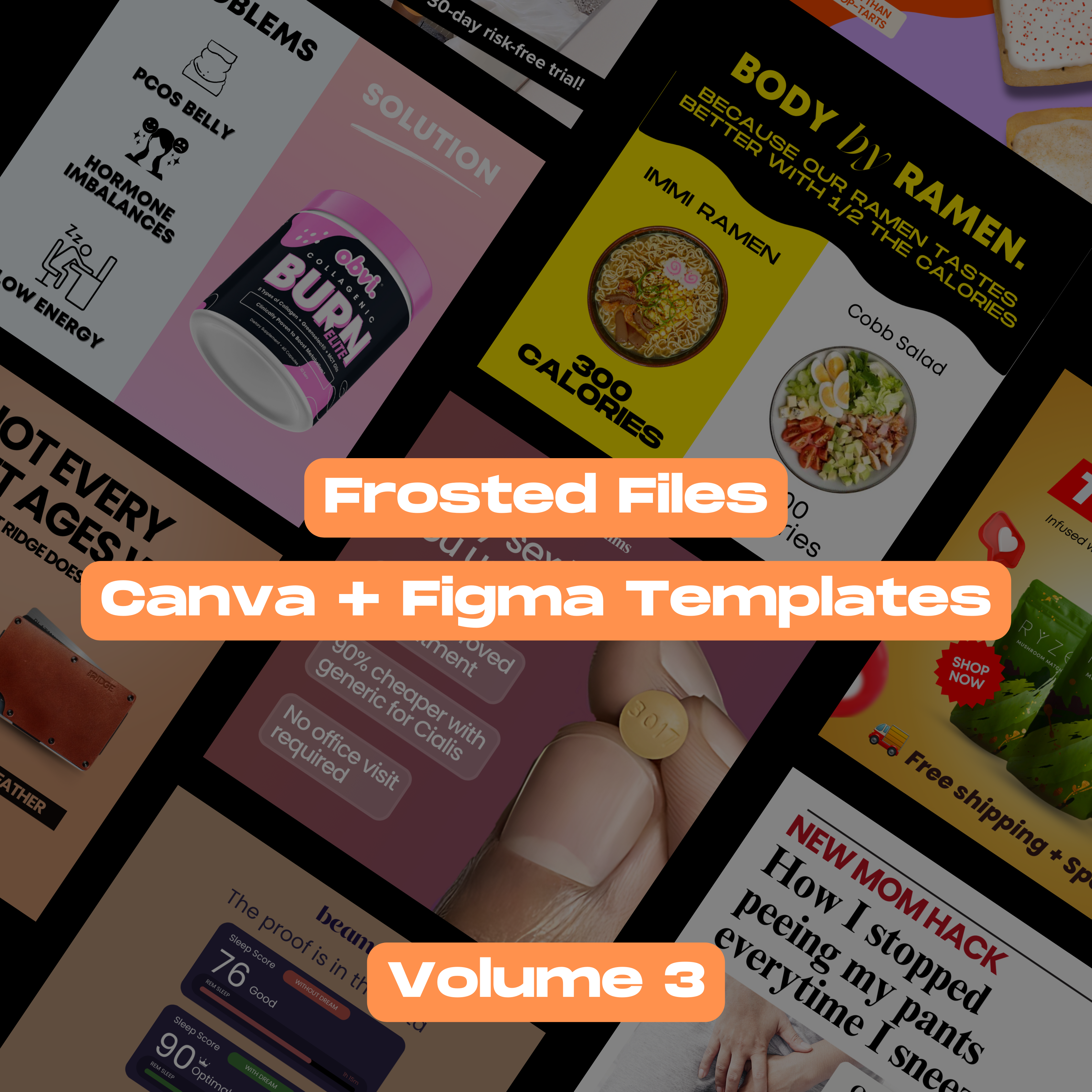 Collage of colorful social media templates with text 'Frosted Files Canva + Figma Templates Volume 3'.